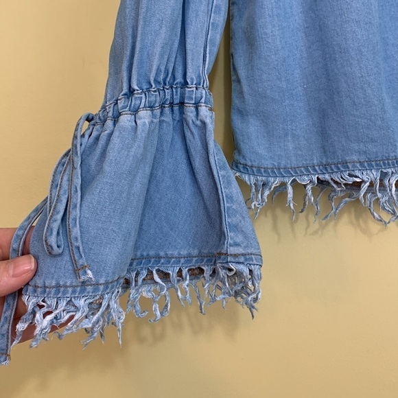 Splendid | Cold-Shoulder Button-Front Chambray Frayed Hem Cuffs Shirt Top S - Picture 14 of 17